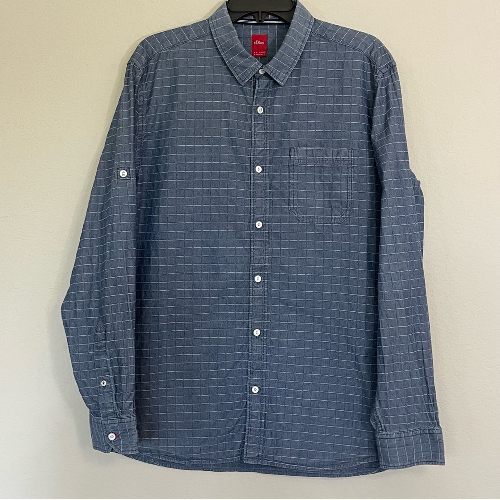 Men’s Button Down Long Sleeve Shirt S. Oliver Windowpane Denim Size XL Slim Fit